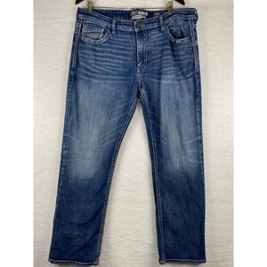 BKE Tyler Straight Leg Jeans Mens 38R Blue Medium Wash Heavy Stitch Denim